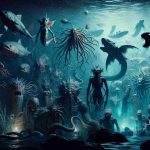 Generate a realistic, high-definition image featuring a variety of mythical sea creatures living in the dark abyss of the ocean. The setting is mysterious and haunting, with numerous aquatic beasts of folklore and mythology, each uniquely eerie and fascinating. Include creatures such as serpents, mermaids, krakens, and other legendary maritime entities. Lighting should be minimal, making use of eerie bioluminescent glow from the creatures themselves or the occasional submerged ruin.