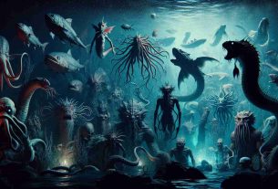 Generate a realistic, high-definition image featuring a variety of mythical sea creatures living in the dark abyss of the ocean. The setting is mysterious and haunting, with numerous aquatic beasts of folklore and mythology, each uniquely eerie and fascinating. Include creatures such as serpents, mermaids, krakens, and other legendary maritime entities. Lighting should be minimal, making use of eerie bioluminescent glow from the creatures themselves or the occasional submerged ruin.