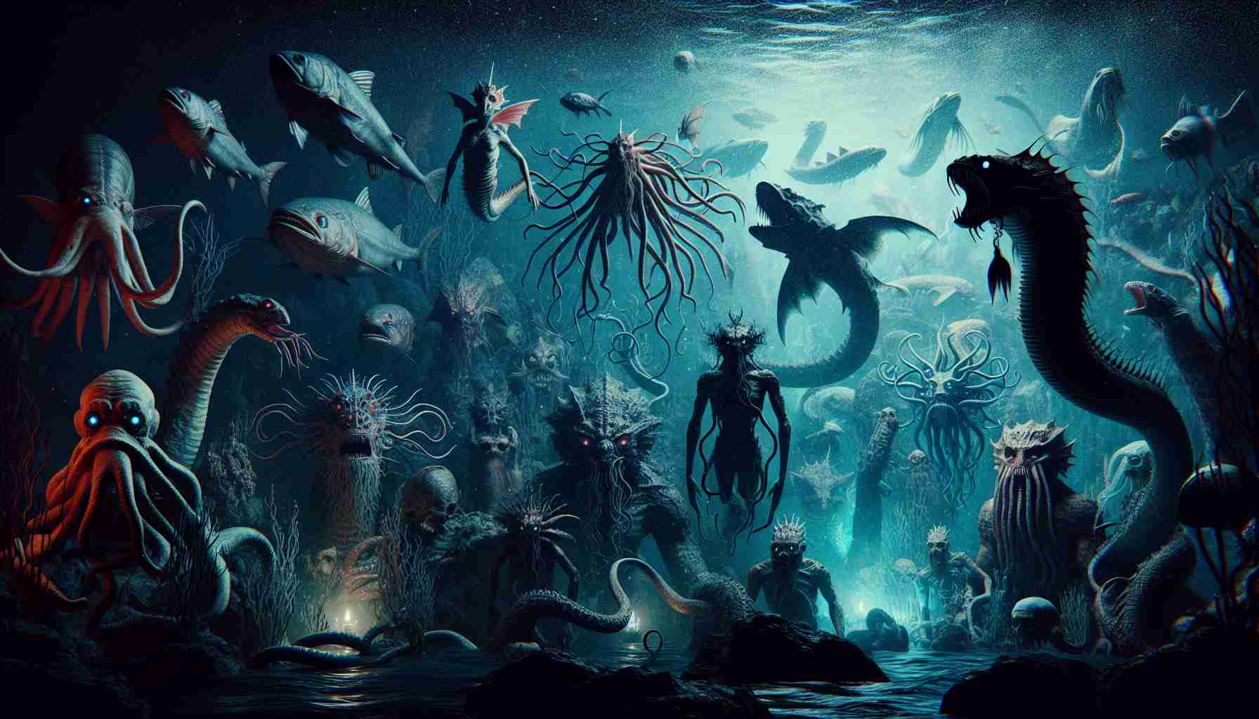 Generate a realistic, high-definition image featuring a variety of mythical sea creatures living in the dark abyss of the ocean. The setting is mysterious and haunting, with numerous aquatic beasts of folklore and mythology, each uniquely eerie and fascinating. Include creatures such as serpents, mermaids, krakens, and other legendary maritime entities. Lighting should be minimal, making use of eerie bioluminescent glow from the creatures themselves or the occasional submerged ruin.
