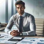 Realistic HD photo of a man with a leadership role in a modern white-collar company, positioned at an office desk with financial reports scattered on it, looking confident and ready to make significant decisions. Explore how his physical demeanor expresses his readiness for responsibilities. He should be wearing a formal shirt and tie, indicative of a corporate environment.