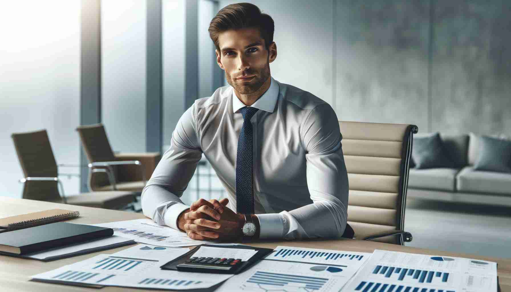 Realistic HD photo of a man with a leadership role in a modern white-collar company, positioned at an office desk with financial reports scattered on it, looking confident and ready to make significant decisions. Explore how his physical demeanor expresses his readiness for responsibilities. He should be wearing a formal shirt and tie, indicative of a corporate environment.