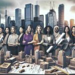 Generate a realistic HD image of a celebration of diversity in design, focussing on the empowerment of women in architecture. The scene should unfold in a city reminiscent of Toronto, with its distinctive skyline. The picture should include a group of women architects of varying descents such as Caucasian, Hispanic, Black, Middle-Eastern, and South Asian, each holding blueprints, scale models, or other architecture-related tools. Create an atmosphere of unity and collaboration among them, underlining the importance of diversity and gender equality in this field.