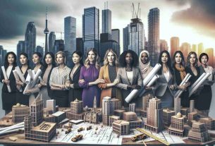 Generate a realistic HD image of a celebration of diversity in design, focussing on the empowerment of women in architecture. The scene should unfold in a city reminiscent of Toronto, with its distinctive skyline. The picture should include a group of women architects of varying descents such as Caucasian, Hispanic, Black, Middle-Eastern, and South Asian, each holding blueprints, scale models, or other architecture-related tools. Create an atmosphere of unity and collaboration among them, underlining the importance of diversity and gender equality in this field.