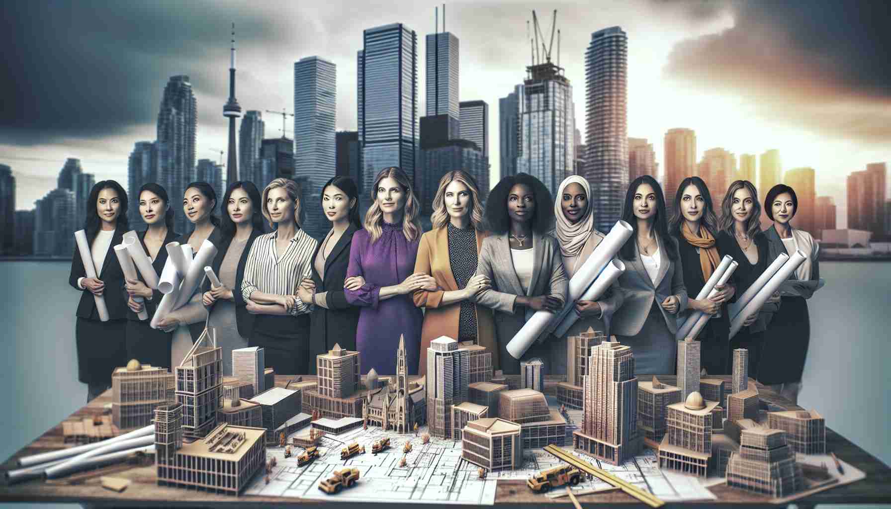 Generate a realistic HD image of a celebration of diversity in design, focussing on the empowerment of women in architecture. The scene should unfold in a city reminiscent of Toronto, with its distinctive skyline. The picture should include a group of women architects of varying descents such as Caucasian, Hispanic, Black, Middle-Eastern, and South Asian, each holding blueprints, scale models, or other architecture-related tools. Create an atmosphere of unity and collaboration among them, underlining the importance of diversity and gender equality in this field.