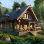 Generate a realistic HD image of a rustic charm-themed architectural design. The setting should be a serene, woodland environment. The building should be a small, cozy cabin, made predominantly from natural materials such as timber and stone. Around the cabin, lush green trees, ferns, and moss should be visible, underscoring the design's harmony with its natural surroundings. On the cabin's exterior, there should be details like a small chimney, sloping roof, wooden window frames and a porch with wooden furniture. The lighting condition should be that of a gentle morning sunrise, casting warm and inviting tones across the scene.