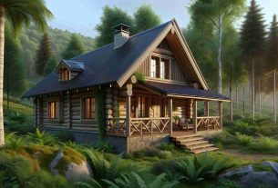 Generate a realistic HD image of a rustic charm-themed architectural design. The setting should be a serene, woodland environment. The building should be a small, cozy cabin, made predominantly from natural materials such as timber and stone. Around the cabin, lush green trees, ferns, and moss should be visible, underscoring the design's harmony with its natural surroundings. On the cabin's exterior, there should be details like a small chimney, sloping roof, wooden window frames and a porch with wooden furniture. The lighting condition should be that of a gentle morning sunrise, casting warm and inviting tones across the scene.