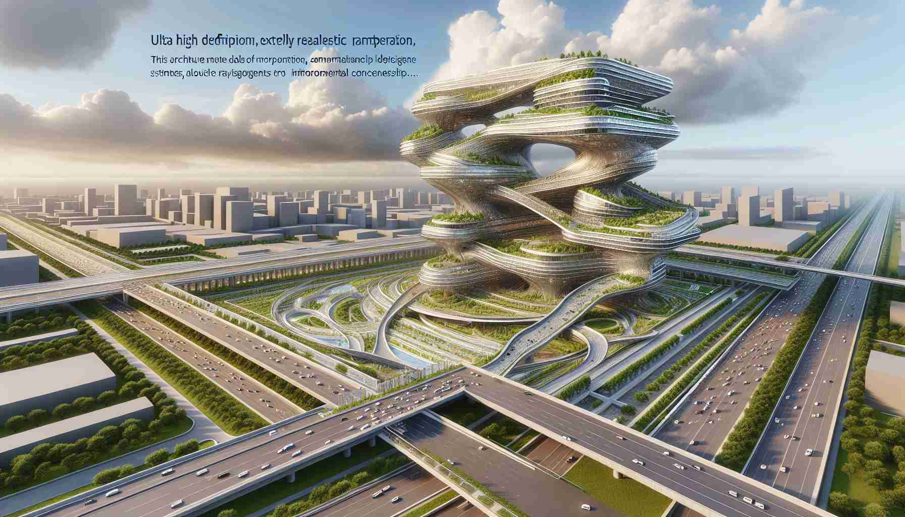 An ultra high definition, extremely realistic rendering of transforming architecture that tells a tale of collaboration and sustainability. The structure may be designed to morph, exuding dynamism and adaptability. Should include elements of sustainable construction such as solar panels, green spaces, and rainwater harvesting systems to demonstrate environmental consciousness. This architectural masterpiece is a result of a commendable partnership, a metaphorical symbol of collaboration- possibly visualized through interconnected designs or bridges linking different parts of the building.