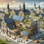 A high-definition, realistic image portraying the concept of revamping historical buildings for a sustainable future. The scene should feature a number of historic architectural structures undergoing modifications. Workers are seen installing solar panels and wind turbines, integrating green spaces, and improving insulation. Some people are responsible for reusing old elements in a creative way to minimize waste. The overall aesthetic suggests a harmonious blend of past and present, showcasing how heritage can coexist with modern sustainable technology.