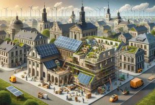 A high-definition, realistic image portraying the concept of revamping historical buildings for a sustainable future. The scene should feature a number of historic architectural structures undergoing modifications. Workers are seen installing solar panels and wind turbines, integrating green spaces, and improving insulation. Some people are responsible for reusing old elements in a creative way to minimize waste. The overall aesthetic suggests a harmonious blend of past and present, showcasing how heritage can coexist with modern sustainable technology.