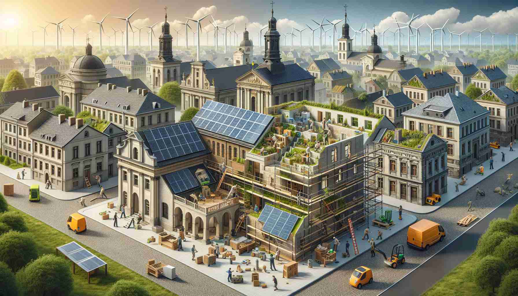 A high-definition, realistic image portraying the concept of revamping historical buildings for a sustainable future. The scene should feature a number of historic architectural structures undergoing modifications. Workers are seen installing solar panels and wind turbines, integrating green spaces, and improving insulation. Some people are responsible for reusing old elements in a creative way to minimize waste. The overall aesthetic suggests a harmonious blend of past and present, showcasing how heritage can coexist with modern sustainable technology.