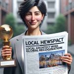 A high-definition, realistic image shows a headline in a local newspaper announcing 'Local Architect Wins Global Recognition'. The article includes a photograph of the proud architect, who is a South Asian male, holding the trophy in her hands. Her face is filled with satisfaction and achievement.