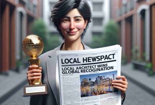 A high-definition, realistic image shows a headline in a local newspaper announcing 'Local Architect Wins Global Recognition'. The article includes a photograph of the proud architect, who is a South Asian male, holding the trophy in her hands. Her face is filled with satisfaction and achievement.