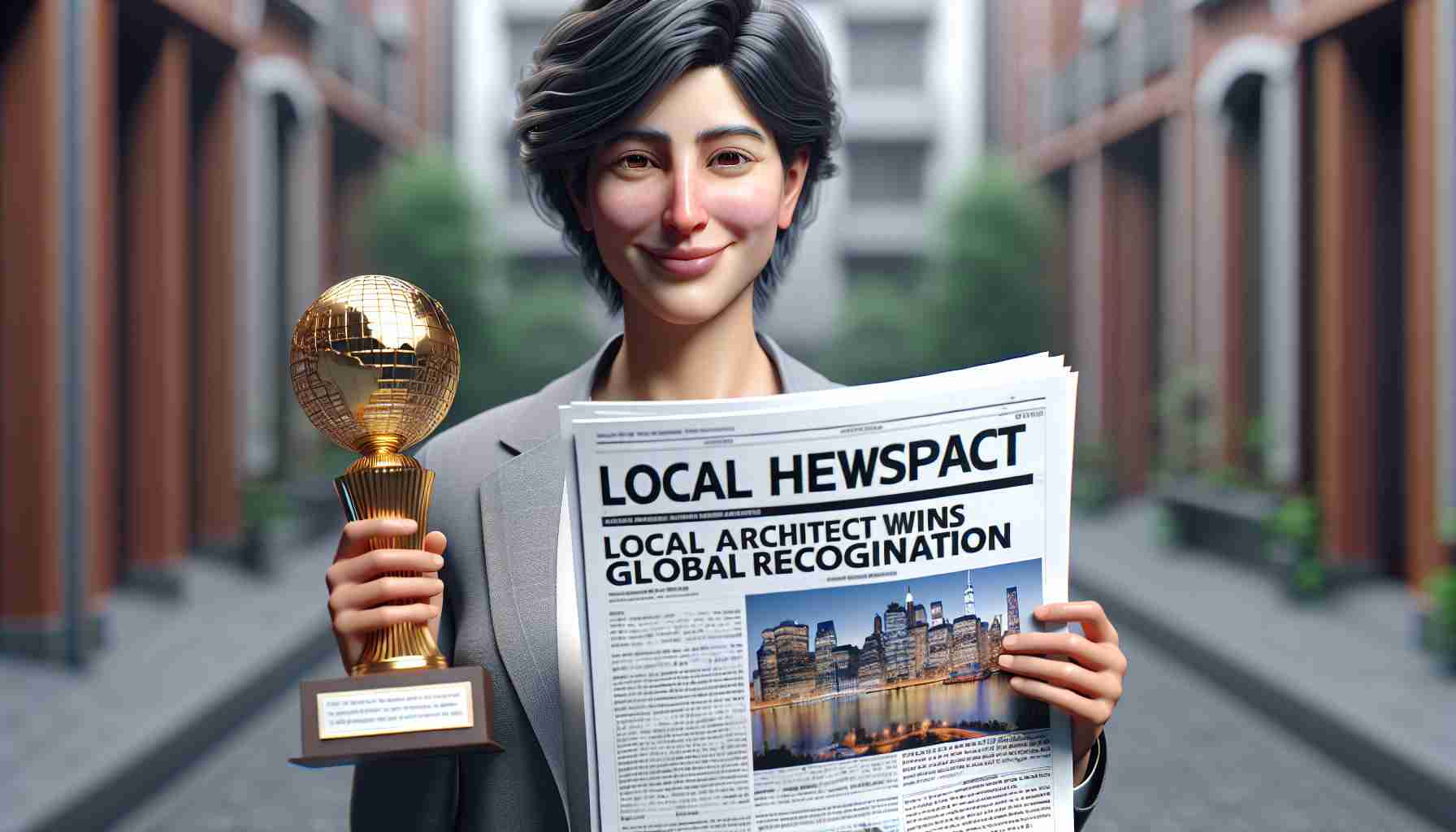 A high-definition, realistic image shows a headline in a local newspaper announcing 'Local Architect Wins Global Recognition'. The article includes a photograph of the proud architect, who is a South Asian male, holding the trophy in her hands. Her face is filled with satisfaction and achievement.