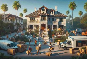 A high-definition, realistic photo of a scene depicting Renovations and Relocation in Palm Beach. The image centers on a charming old house in the process of being renovated, with workers in various stages of the project. The area is bustling with activity, as movers carry boxes and furniture to a moving van nearby. The backdrop is characteristic of Palm Beach, featuring beautiful palm trees and clear, blue skies. Diversity is seen among the workers, with different genders and descents, including Caucasian, Black, Hispanic and South Asian individuals actively involved in the work.