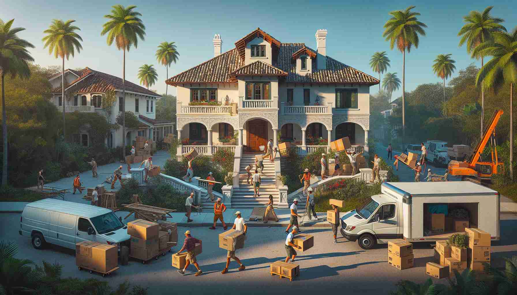 A high-definition, realistic photo of a scene depicting Renovations and Relocation in Palm Beach. The image centers on a charming old house in the process of being renovated, with workers in various stages of the project. The area is bustling with activity, as movers carry boxes and furniture to a moving van nearby. The backdrop is characteristic of Palm Beach, featuring beautiful palm trees and clear, blue skies. Diversity is seen among the workers, with different genders and descents, including Caucasian, Black, Hispanic and South Asian individuals actively involved in the work.