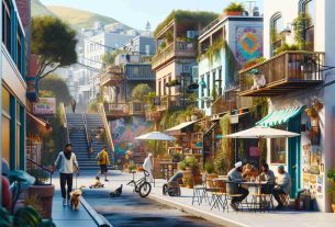 Generate a high-definition, realistic image capturing the essence of a vibrant neighborhood. The scene should include various hidden gems including tucked-away shops, alleyways filled with street art, lush rooftop gardens, and quaint cafes. Perhaps include some people in the backdrop, for example, a Middle-Eastern woman walking her dog, a South Asian man riding his bicycle, a Caucasian teenager skateboarding, and a Black elderly man reading a newspaper at an outdoor café table. The environment should be lively and colorful, reflecting a clear day with bright sunshine.