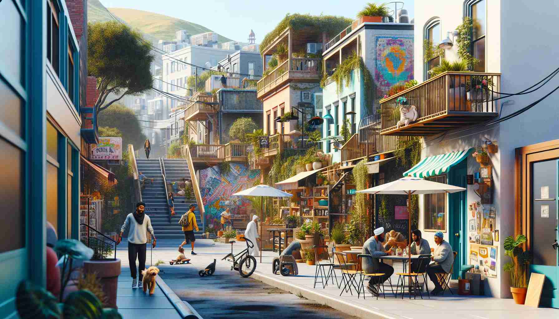 Generate a high-definition, realistic image capturing the essence of a vibrant neighborhood. The scene should include various hidden gems including tucked-away shops, alleyways filled with street art, lush rooftop gardens, and quaint cafes. Perhaps include some people in the backdrop, for example, a Middle-Eastern woman walking her dog, a South Asian man riding his bicycle, a Caucasian teenager skateboarding, and a Black elderly man reading a newspaper at an outdoor café table. The environment should be lively and colorful, reflecting a clear day with bright sunshine.