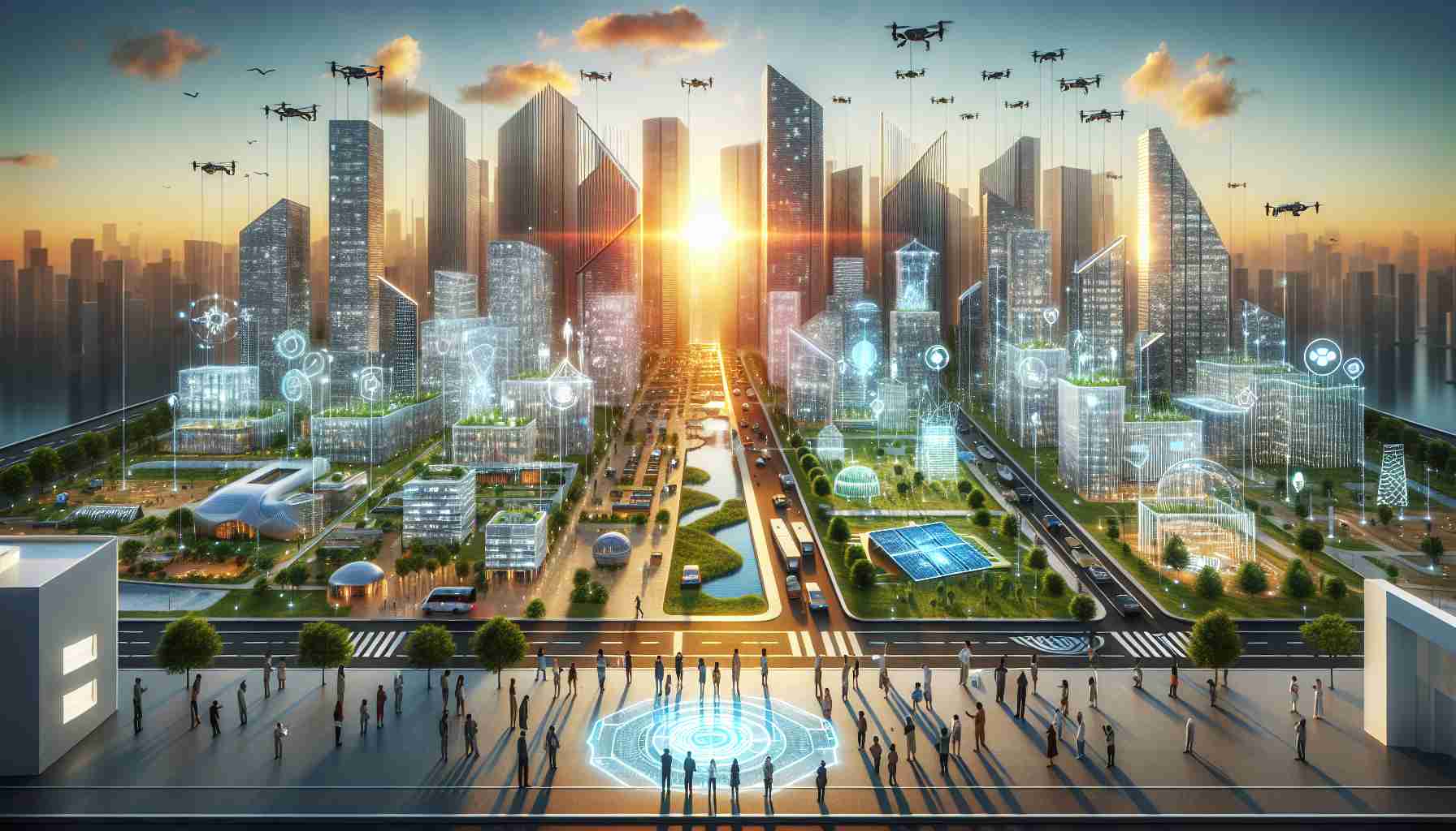 A high-definition, realistic image capturing the essence of 'Architecting Innovation: A Vision for the Future'. This would include an array of futuristic architecture designs in a vibrant cityscape. Buildings that incorporate sustainable materials, green spaces and solar panels. It could also feature diverse individuals of varying gender and descent engaging with innovative technologies, such as holographic blueprints and autonomous vehicles. The scene may be set against a backdrop of a clear sky with drones buzzing overhead. The setting sun could cast a warm glow, symbolizing the coming of the future.