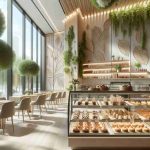 High definition realistic image illustrating a modern patisserie with a design inspired by nature. The scene features eco-friendly elements such as plant decorations, walls adorned with leaf patterns, wood accents in the furniture, and natural light flooding in through large, floor-to-ceiling windows. The bakery itself is filled with a variety of freshly baked pastries displayed in glass cases. Combining elegance and sustainability, this patisserie incorporates the natural environment into its décor, creating a serene and appetizing environment.