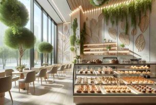 High definition realistic image illustrating a modern patisserie with a design inspired by nature. The scene features eco-friendly elements such as plant decorations, walls adorned with leaf patterns, wood accents in the furniture, and natural light flooding in through large, floor-to-ceiling windows. The bakery itself is filled with a variety of freshly baked pastries displayed in glass cases. Combining elegance and sustainability, this patisserie incorporates the natural environment into its décor, creating a serene and appetizing environment.