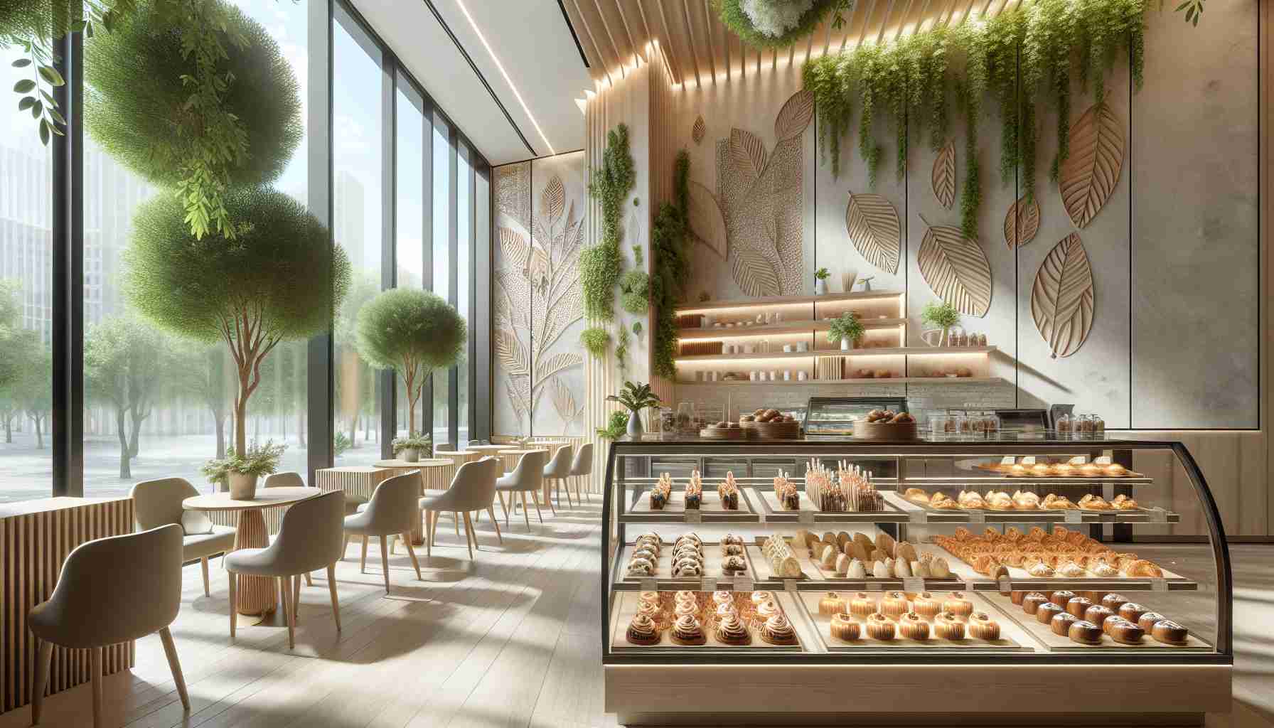 High definition realistic image illustrating a modern patisserie with a design inspired by nature. The scene features eco-friendly elements such as plant decorations, walls adorned with leaf patterns, wood accents in the furniture, and natural light flooding in through large, floor-to-ceiling windows. The bakery itself is filled with a variety of freshly baked pastries displayed in glass cases. Combining elegance and sustainability, this patisserie incorporates the natural environment into its décor, creating a serene and appetizing environment.