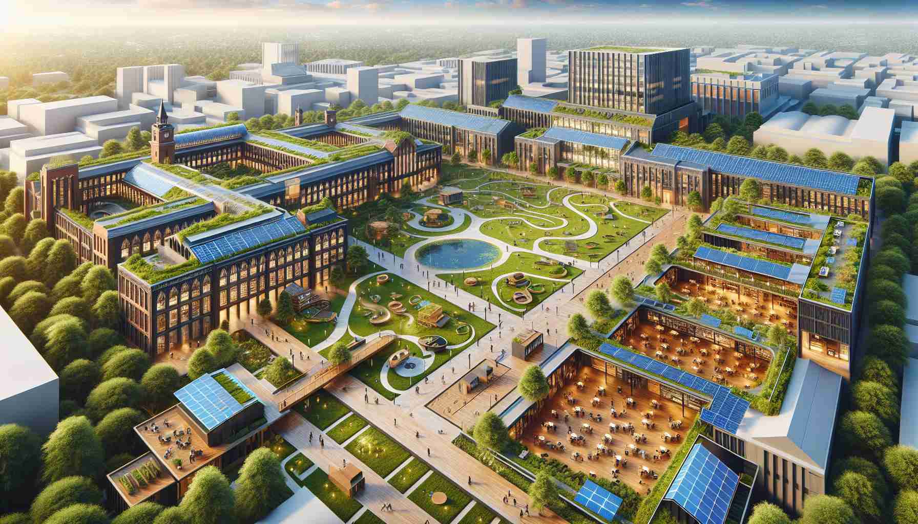 A high-definition, realistic illustration of an innovation-induced transformation affecting campus life. You can see a wide, lush campus with buildings of different architectural styles scattered across, retaining their classic charm while incorporating modern elements. You see large open spaces filled with greenery, welcoming communal areas with unique and creative seating arrangements encouraging collaborative learning. Tech advancements such as eco-friendly solar panels on the rooftops and digital information boards are evident. The atmosphere suggests a harmonious fusion of tradition and innovation, enriching and diversifying the student experience.