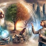 A high-definition photo portraying the concept of 'Respecting the Past, Embracing the Future'. The composition features an elder, symbolizing the past, appreciating a tree while passing on wisdom to a young girl. The girl, symbolizing the future, listens attentively, holds modern technologies in her hand, and looks towards a distant skyline filled with futuristic buildings. In the faded background also includes architectural transitions from old to new, symbolizing the progress of time.