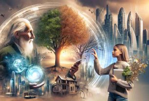 A high-definition photo portraying the concept of 'Respecting the Past, Embracing the Future'. The composition features an elder, symbolizing the past, appreciating a tree while passing on wisdom to a young girl. The girl, symbolizing the future, listens attentively, holds modern technologies in her hand, and looks towards a distant skyline filled with futuristic buildings. In the faded background also includes architectural transitions from old to new, symbolizing the progress of time.