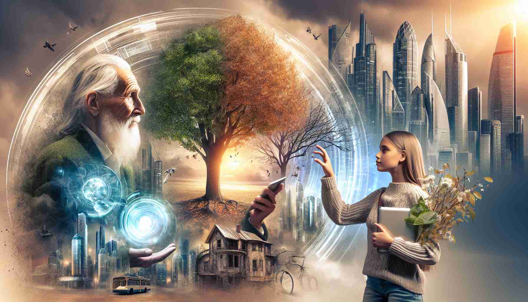 A high-definition photo portraying the concept of 'Respecting the Past, Embracing the Future'. The composition features an elder, symbolizing the past, appreciating a tree while passing on wisdom to a young girl. The girl, symbolizing the future, listens attentively, holds modern technologies in her hand, and looks towards a distant skyline filled with futuristic buildings. In the faded background also includes architectural transitions from old to new, symbolizing the progress of time.