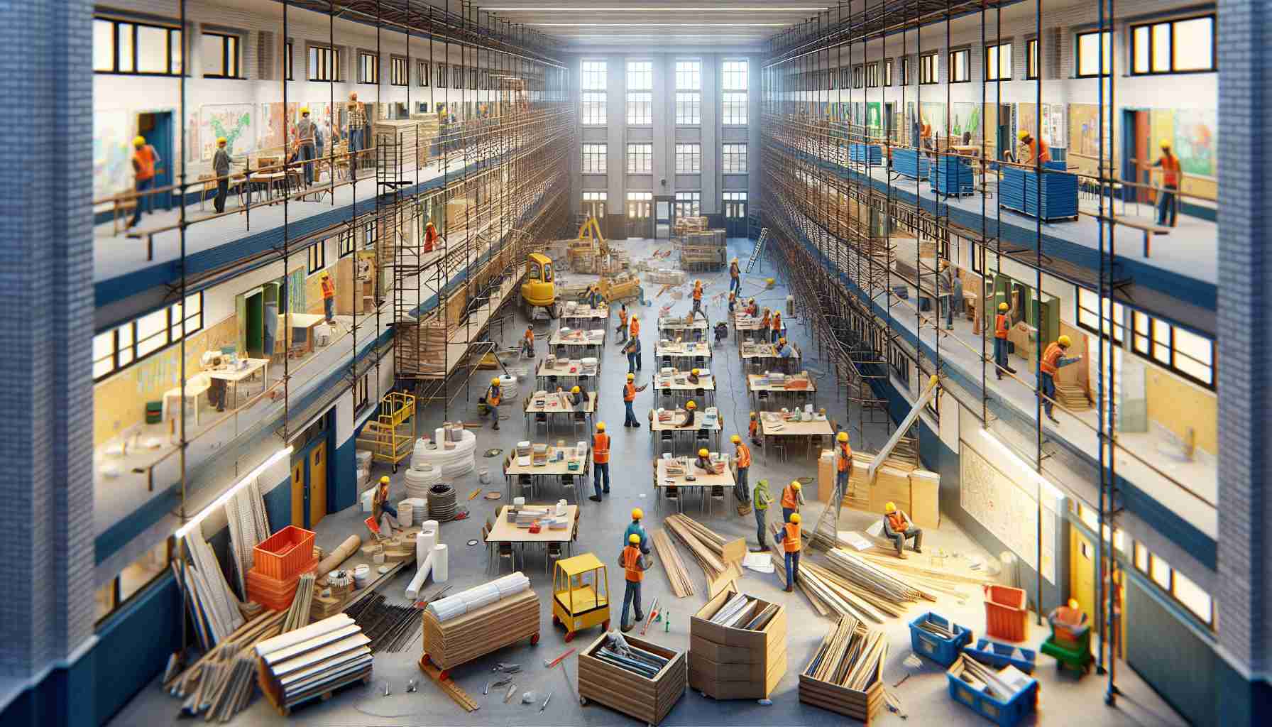 High-definition, realistic scene of an engaging renovation project in progress at a non-specific elementary school. The school's exterior is filled with scaffolding and a plethora of construction materials. Inside, classrooms and corridors undergo transformation with fresh paint, modern lighting fixtures, and new furniture installations. The entire scene buzzes with dedicated construction workers of varying descents diligently working to bring this project to life.