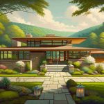 Generate a high definition, realistic image showcasing the Usonian-style architecture, which characteristically features flat roofs, open floor plans, and natural materials, often hidden away in Dauphin County.