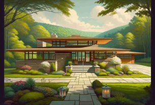 Generate a high definition, realistic image showcasing the Usonian-style architecture, which characteristically features flat roofs, open floor plans, and natural materials, often hidden away in Dauphin County.