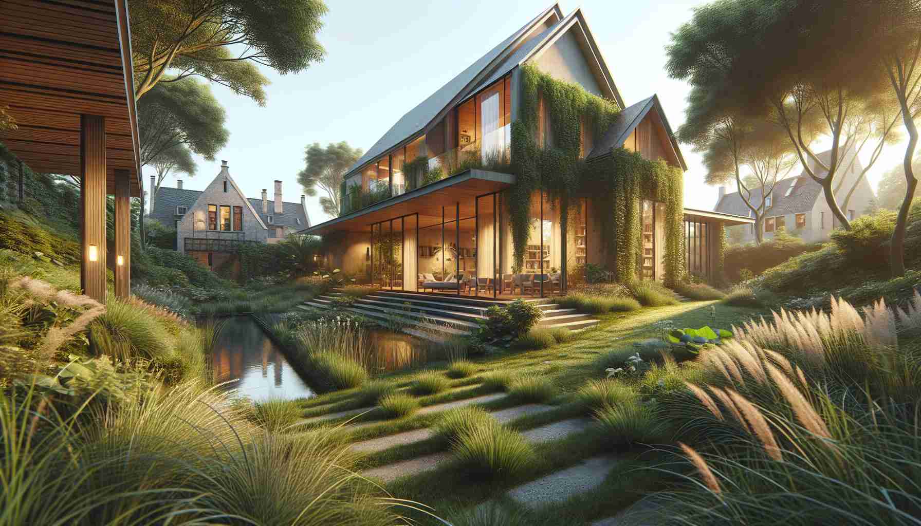 Generate a realistic, high-definition image of a unique residential retreat, located in a modern oasis in the city of Bruges. The place exudes calm with a blend of nature and modern architecture. Envision a peacefully secluded house shrouded by greenery, the landscape dotted with local plants blending seamlessly with the urban surroundings. The architecture of the house is a mix of contemporary design and typical Brugean elements. The idyllic setting is further accentuated by the play of natural light hitting the surface, producing warm hues illuminating the structure.