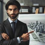 A realistic, high-definition photo of an architect, who is a Middle-Eastern male with a professional appearance, standing in front of a blueprint. He is appointed to lead sustainable urban design initiatives. He holds a blueprint of a sustainable city design in his hand and points at it with a serious gaze, showing commitment to his new role.