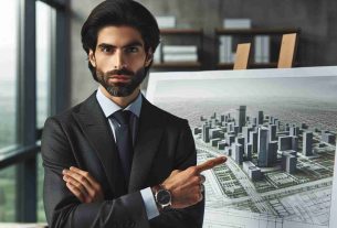 A realistic, high-definition photo of an architect, who is a Middle-Eastern male with a professional appearance, standing in front of a blueprint. He is appointed to lead sustainable urban design initiatives. He holds a blueprint of a sustainable city design in his hand and points at it with a serious gaze, showing commitment to his new role.