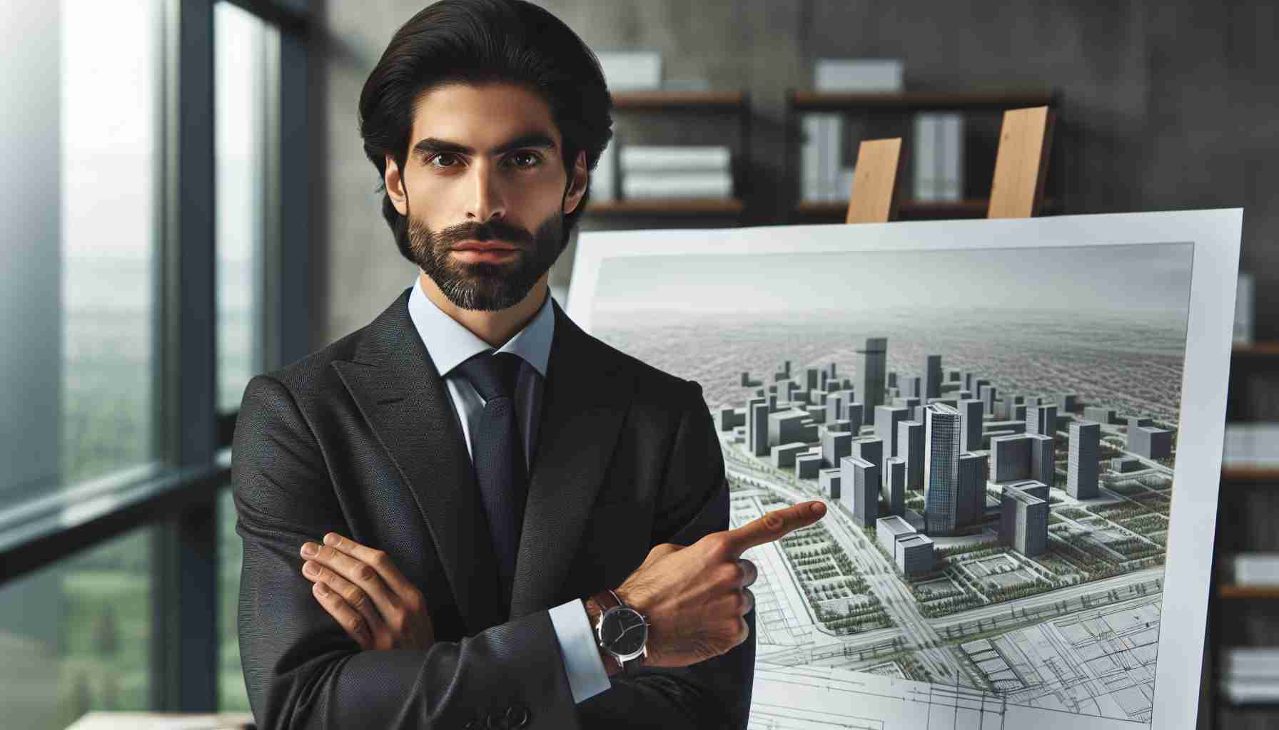 A realistic, high-definition photo of an architect, who is a Middle-Eastern male with a professional appearance, standing in front of a blueprint. He is appointed to lead sustainable urban design initiatives. He holds a blueprint of a sustainable city design in his hand and points at it with a serious gaze, showing commitment to his new role.