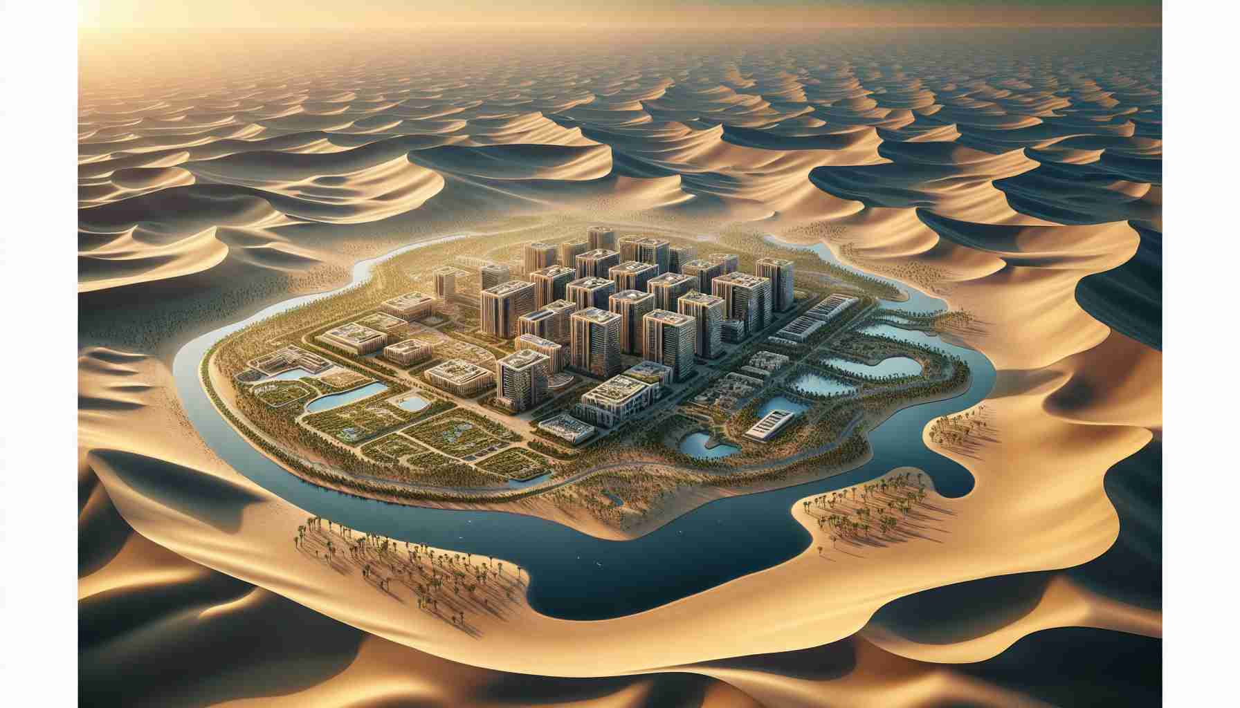 Generate a high-definition, realistic image of a transformation in desert landscapes: introduce an Oasis Housing Project that thrives amidst the arid surroundings. The image should emphasize the contrast between the desert expanse and habitable spaces. Sands dunes sweep across vast areas of the frame, while the Oasis Housing Project stands like a flourishing island of life. Structures are eco-friendly, modern, and architectural, and are surrounded by well-maintained green spaces, palm trees, and bodies of water, implying a controlled environment but still maintaining a harmony with the desert landscape.