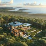 Generate a realistic HD photo of a sustainable coastal haven, retreat nestled among dense green trees. It features a low-built modern dwelling with an expansive open designing concept. The house design integrates renewable energy systems, like solar panels and rainwater catchment. The landscape around is serene with native coastal plants and a view of the glittering sea in the distance.