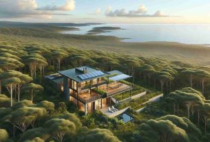 Generate a realistic HD photo of a sustainable coastal haven, retreat nestled among dense green trees. It features a low-built modern dwelling with an expansive open designing concept. The house design integrates renewable energy systems, like solar panels and rainwater catchment. The landscape around is serene with native coastal plants and a view of the glittering sea in the distance.