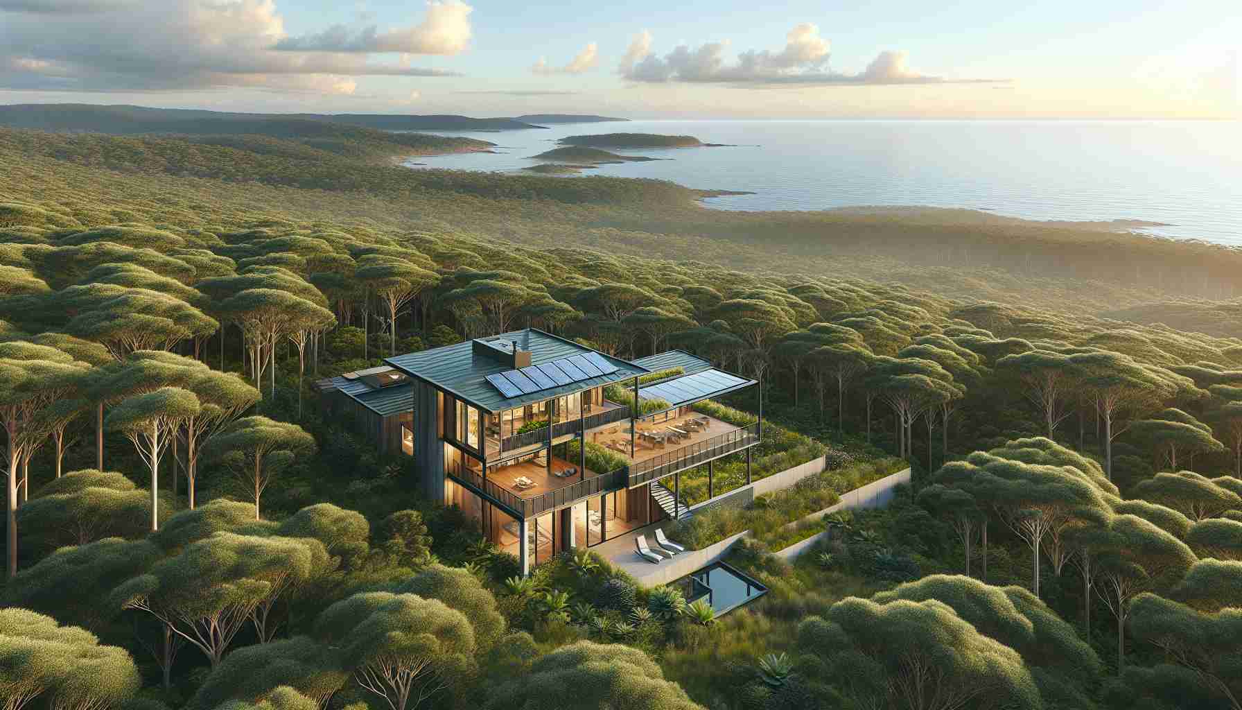 Generate a realistic HD photo of a sustainable coastal haven, retreat nestled among dense green trees. It features a low-built modern dwelling with an expansive open designing concept. The house design integrates renewable energy systems, like solar panels and rainwater catchment. The landscape around is serene with native coastal plants and a view of the glittering sea in the distance.