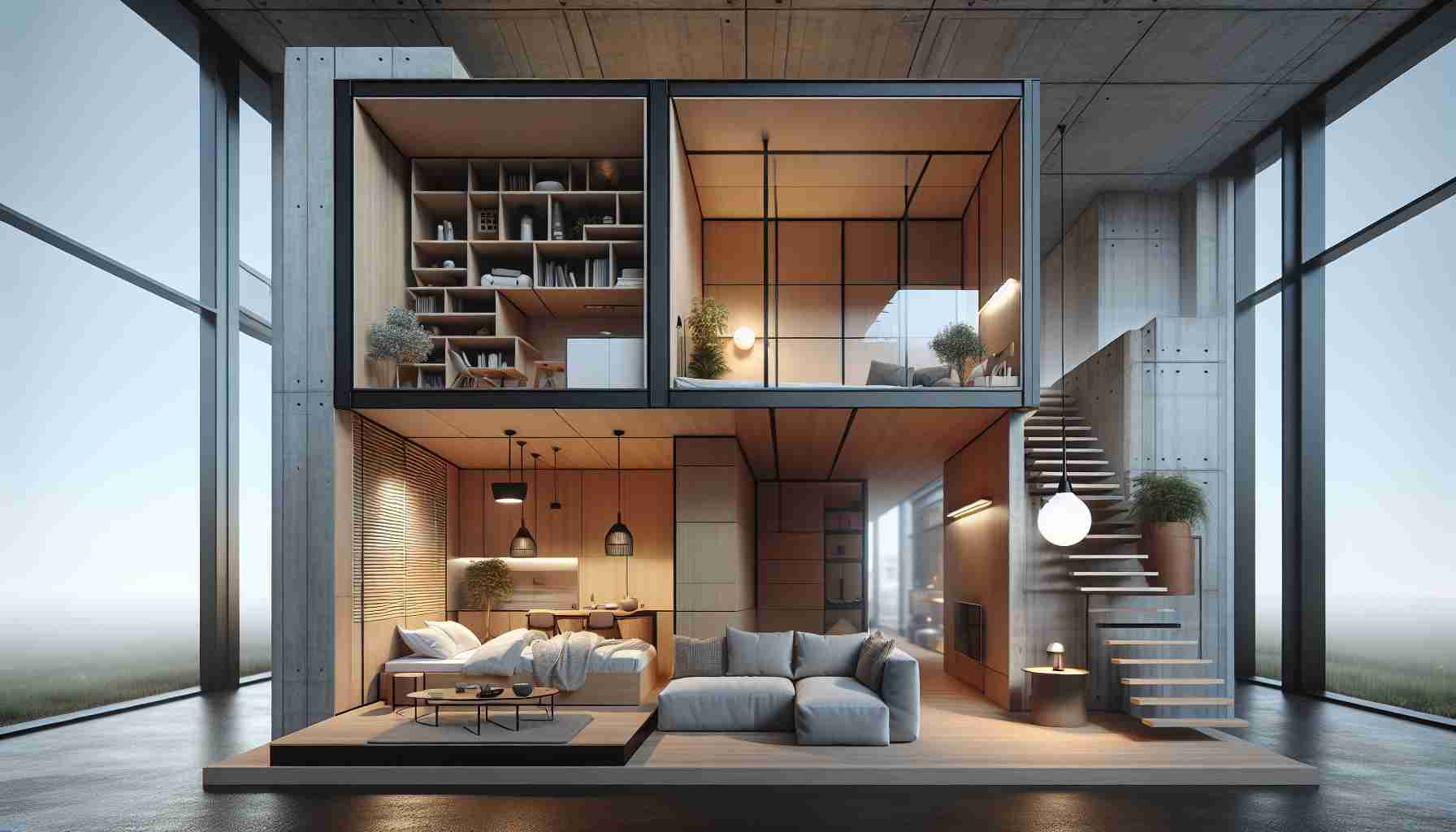 Generate a high-definition, realistic image showcasing the exploration of modern architecture, specifically focusing on micro living. The image should include a minimalist and compact housing design featuring the integration of living, dining and sleeping spaces into a compact layout. The design should be innovative and space-efficient, using multifunctional furniture and clever storage options to maximize the use of space. The image can also demonstrate how the use of glass, steel and concrete in the architecture helps in creating an illusion of more space and facilitates natural light penetration.