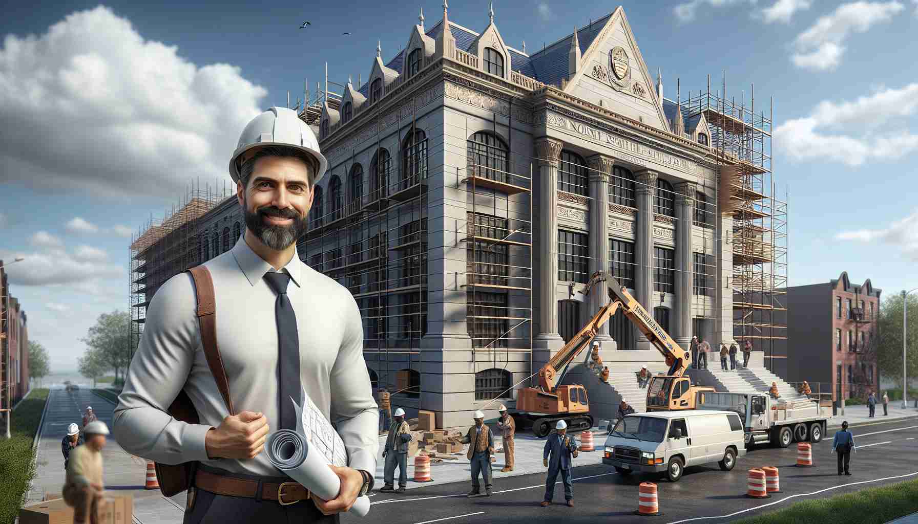 An HD image realistically depicting the North Smithfield Police Station undergoing revitalization. A new architect, a Hispanic man with a neat beard, wearing a hard hat and holding blueprints, is overseeing the work with confidence and precision. Workers, including a Caucasian woman operating a crane, a Black man meticulously painting the structure and a Middle-Eastern woman checking the structural integrity, are diligently carrying out their assigned roles. The architectural style reflects modern design with elements of the traditional police station intact.