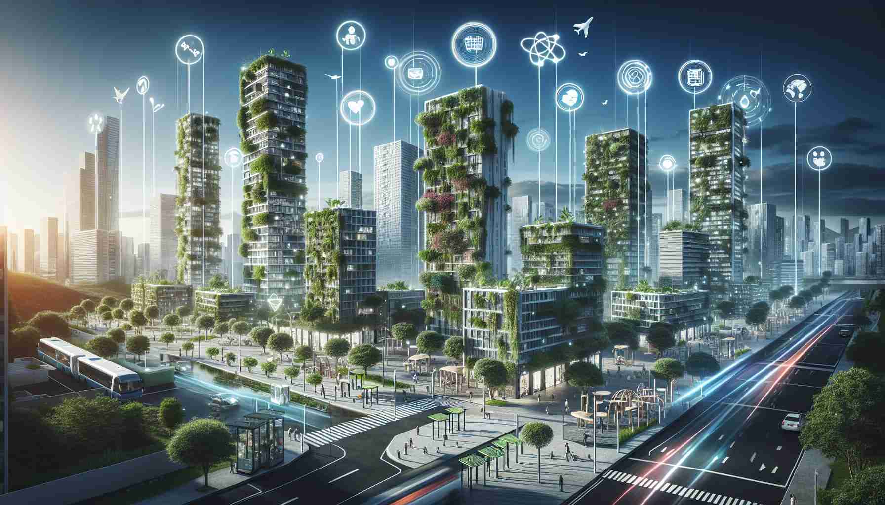 A high-definition, realistic image illustrating the revolutionization of urban spaces through innovative design. The image represents an urban setting brimming with modern elements like eco-friendly vertical gardens on high-rise buildings, innovative playgrounds for children, smart street lighting systems, futuristic public transportation, and pedestrian-friendly streets. The cityscape is filled with lush foliage, reducing the concrete jungle feel and replacing it with a sense of being in tune with nature, all skillfully blending both functionality and design aesthetics.