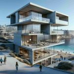 A high-definition, realistic image showing the exploration of modernist architecture in coastal villages. The image reveals striking architectural designs that embrace modernist elements such as unadorned surfaces, asymmetric design, and open floor plans. The built structures blend seamlessly with the coastal environment, embracing the seascape with large glass windows and outdoor living spaces. The buildings may display extensive use of concrete, glass, and steel. The coastal setting provides a unique contrast with the blue sea, sandy beaches, and possibly, rugged cliffs around. People from diverse descents and genders are seen appreciating the architecture, thereby displaying a global appreciation for this architectural style.