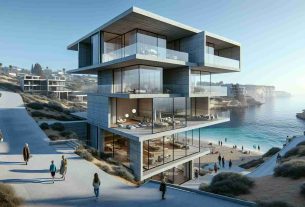 A high-definition, realistic image showing the exploration of modernist architecture in coastal villages. The image reveals striking architectural designs that embrace modernist elements such as unadorned surfaces, asymmetric design, and open floor plans. The built structures blend seamlessly with the coastal environment, embracing the seascape with large glass windows and outdoor living spaces. The buildings may display extensive use of concrete, glass, and steel. The coastal setting provides a unique contrast with the blue sea, sandy beaches, and possibly, rugged cliffs around. People from diverse descents and genders are seen appreciating the architecture, thereby displaying a global appreciation for this architectural style.