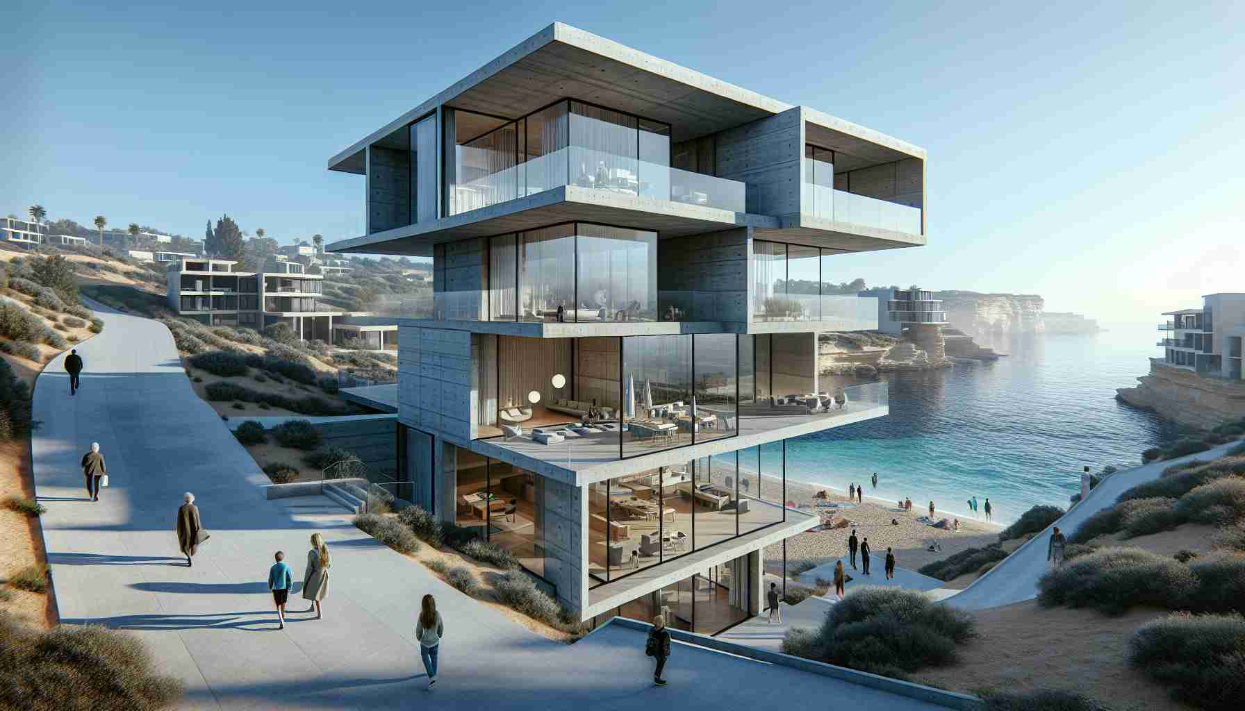 A high-definition, realistic image showing the exploration of modernist architecture in coastal villages. The image reveals striking architectural designs that embrace modernist elements such as unadorned surfaces, asymmetric design, and open floor plans. The built structures blend seamlessly with the coastal environment, embracing the seascape with large glass windows and outdoor living spaces. The buildings may display extensive use of concrete, glass, and steel. The coastal setting provides a unique contrast with the blue sea, sandy beaches, and possibly, rugged cliffs around. People from diverse descents and genders are seen appreciating the architecture, thereby displaying a global appreciation for this architectural style.