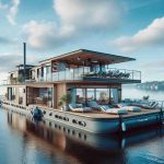 Generate a high definition, realistic image of a unique and sophisticated floating living experience on a houseboat named 'Svenborgsund'. The houseboat should be designed with modern architecture, contrasted with rustic charm. It should be anchored amidst tranquil waters under a clear blue sky, offering awe-inspiring views of the surrounding landscape. The houseboat should boast luxurious amenities such as an open deck area with comfortable seating areas, a state-of-the-art kitchen, spacious living spaces, and elegantly designed bedrooms.