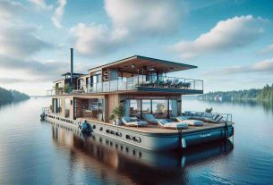 Generate a high definition, realistic image of a unique and sophisticated floating living experience on a houseboat named 'Svenborgsund'. The houseboat should be designed with modern architecture, contrasted with rustic charm. It should be anchored amidst tranquil waters under a clear blue sky, offering awe-inspiring views of the surrounding landscape. The houseboat should boast luxurious amenities such as an open deck area with comfortable seating areas, a state-of-the-art kitchen, spacious living spaces, and elegantly designed bedrooms.