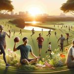 A realistic, high-definition image of a large outdoor area, illuminated by the warm glow of the setting sun. This scenic view is enhanced with various forms of exercise: a middle-aged Caucasian woman jogging on a trail, a young South Asian man doing yoga in an open grassy patch, a black teenage boy and his father playing catch with a football, and an elderly Middle-Eastern woman taking a leisurely walk with her dog. There's an underlying title 'The Benefits of Outdoor Exercise', written with natural elements such as flowers or leaves.