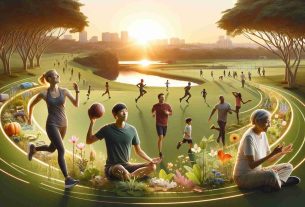 A realistic, high-definition image of a large outdoor area, illuminated by the warm glow of the setting sun. This scenic view is enhanced with various forms of exercise: a middle-aged Caucasian woman jogging on a trail, a young South Asian man doing yoga in an open grassy patch, a black teenage boy and his father playing catch with a football, and an elderly Middle-Eastern woman taking a leisurely walk with her dog. There's an underlying title 'The Benefits of Outdoor Exercise', written with natural elements such as flowers or leaves.